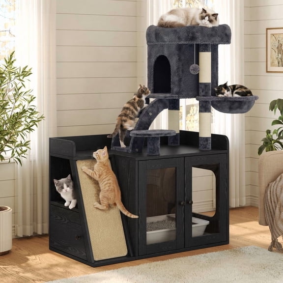 Mirightone Litter Box Enclosure with Cat Tree Tower, Cat Tower with Sisal Scratching Board and Storage, Cat Litter Box Enclosure with LED Light and Condo, Black