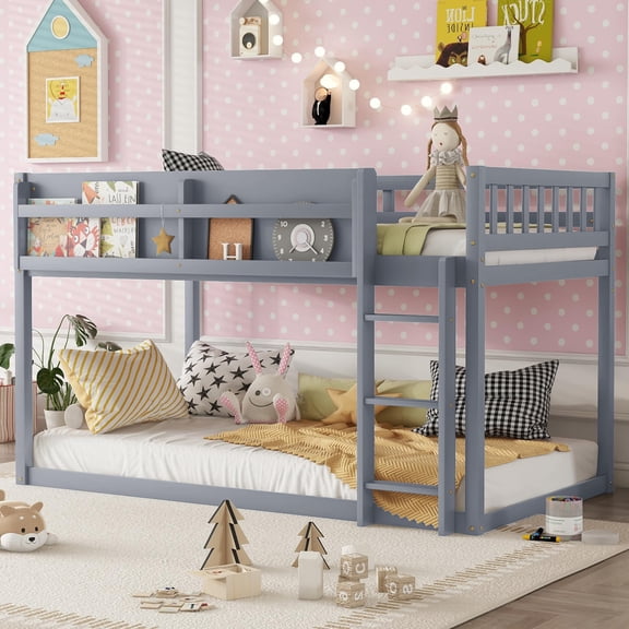 Mirightone Low Bunk Bed Twin Over Twin, Wood Bunk Beds with Bookshelf & Ladder, Floor Bunk Bed with Full Guardrails, Grey
