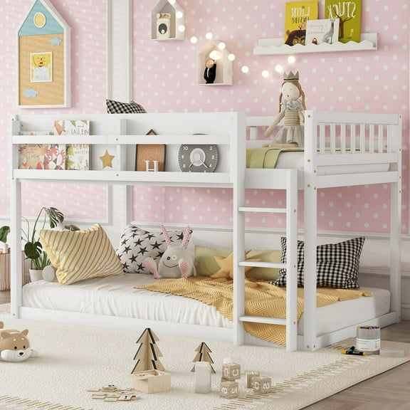 Mirightone Low Bunk Bed Twin Over Twin, Wood Bunk Beds with Bookshelf & Ladder, Floor Bunk Bed with Full Guardrails, White
