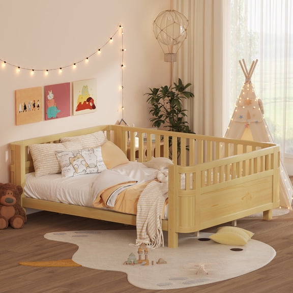 Mirightone Low to Ground Safety Design, Removable Guardrails & Slat Support, Queen Size Wooden Montessori Low Bed Frame, Natural Modern Transition Bed