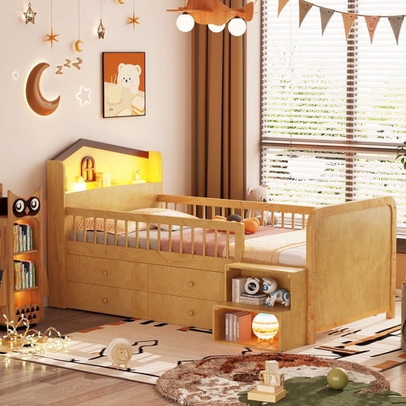 Mirightone Low Loft Bed with House Shape Headboard, LED Lights, 4 Drawers and Guardrails, Twin Size, Natural