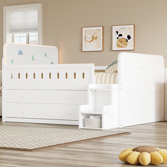 Mirightone Low Loft Bed with Stairs and LED Lights, Full Loft Bed Frame with 4 Storage Drawers,Loft Bed with Guardrails, White
