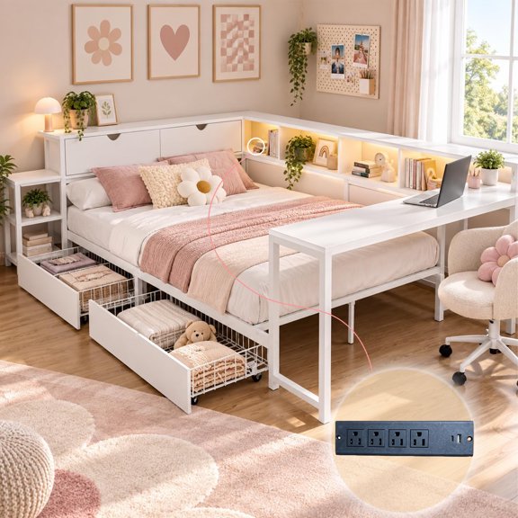 Mirightone Metal Full Daybed with Desk and Storage Drawers, LED Day Bed Frame with Bookcase & Charging Station for Teens Adults - White