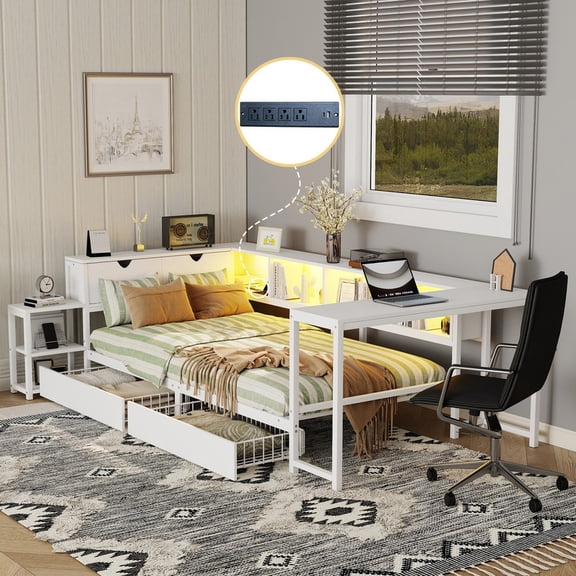 Mirightone Metal Twin Corner Bed Frame with Desk and Storage Drawers Bookcase, Day Bed with LED Light & Charging Station for Adults Teens, White
