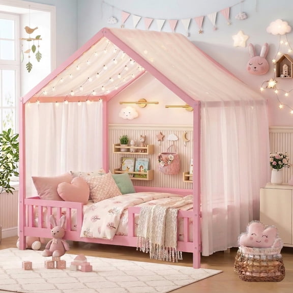 Mirightone Montessori Bed Full, Floor Bed with Rails, Wood House Floor Bed with Canopy, Pink