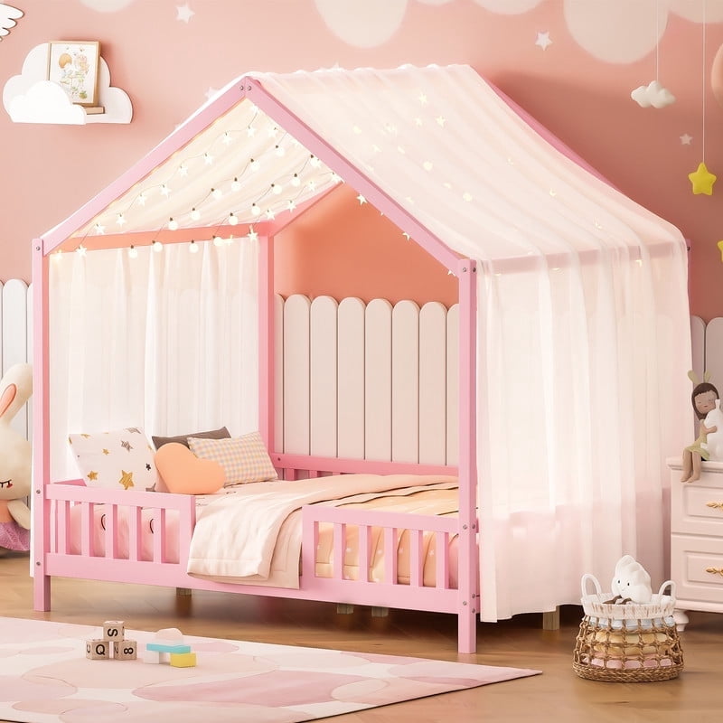 Mirightone Montessori Bed Full, Floor Bed with Rails, Wood House Floor Bed with Canopy, Pink