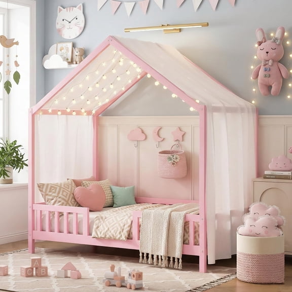 Mirightone Montessori Bed Twin, Toddler Floor Bed with Rails, Wood House Floor Bed with Canopy, Twin Bed Frame for Girls Boys, Pink
