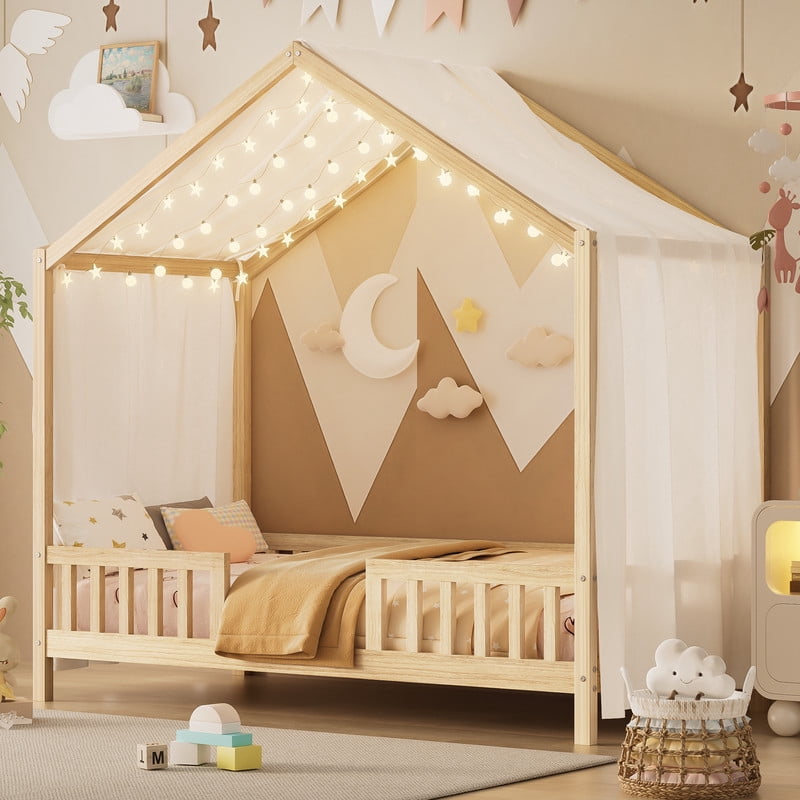Mirightone Montessori Bed Twin, Toddler Floor Bed with Rails, Wood House Twin Canopy Bed Frame, Twin Bed Frame for Girls Boys, Natural