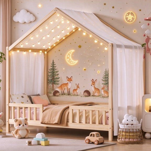 Mirightone Montessori Bed Twin, Toddler Floor Bed with Rails, Wood House Twin Canopy Bed Frame, Twin Bed Frame for Girls Boys, Natural