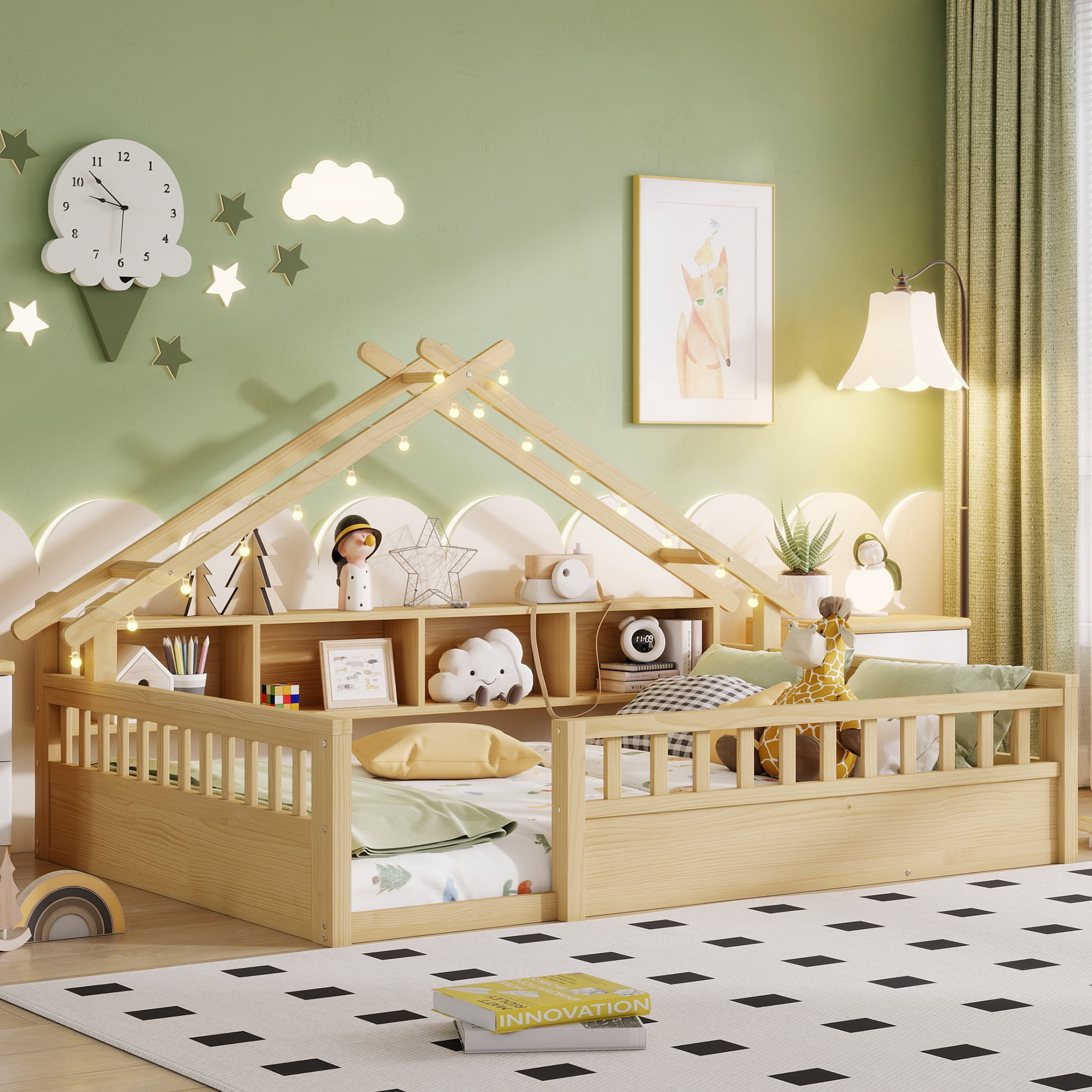 Mirightone Full Size Montessori Floor Bed with LED Light, Storage Bookcase & Safety Rail, Solid Pine Wood  House Floor Bed, No Box Spring Needed (Natural)