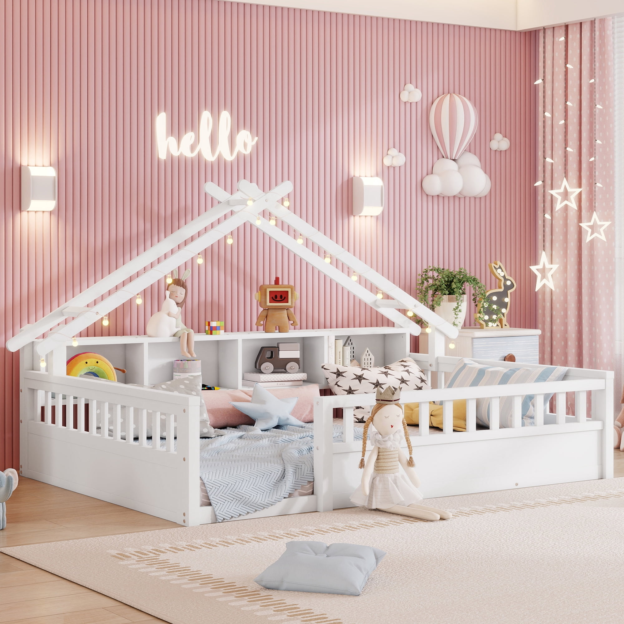 Mirightone Full Size Montessori Floor Bed with LED Light, Storage Bookcase & Safety Rail, Solid Pine Wood  House Floor Bed, No Box Spring Needed (White)