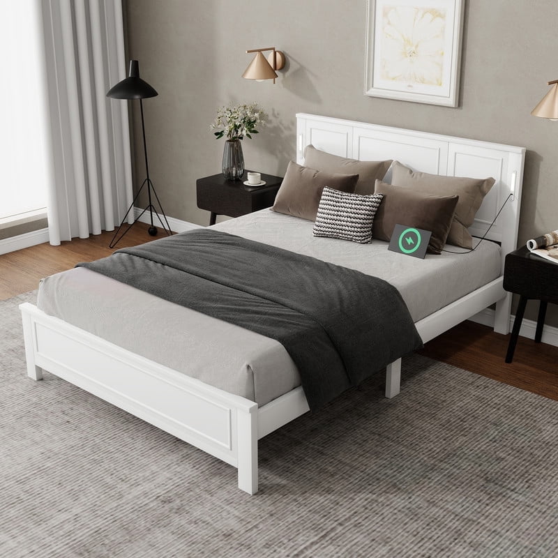 Mirightone Queen Bed Frame with Tall Headboard & Footboard, Farmhouse Solid Wood Platform Bed Frames Queen Size with LED Lights & USB Charging Station, White