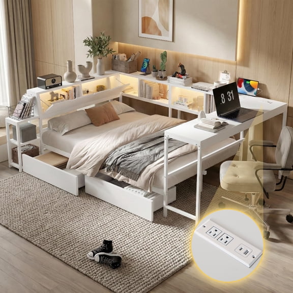 Mirightone Queen Daybed with Desk and Drawers, Queen Corner Bed Frame with Storage Bookcase, Queen Bed Frame for Adults Teens, White