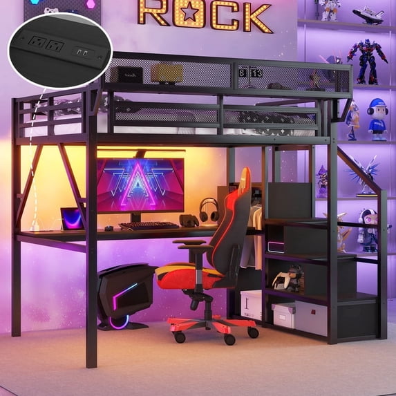 Mirightone Queen Loft Bed with Desk and Stairs, Metal Lofts Bed Queen Size with Bedside Shelf, Heavy-Duty Lofts Beds with RGB Light, USB Charging Station and Wardrobe, All Black