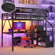 Mirightone Queen Loft Bed with Desk and Stairs, Metal Lofts Bed Queen Size with Bedside Shelf, Heavy-Duty Lofts Beds with RGB Light, USB Charging Station and Wardrobe, All Black