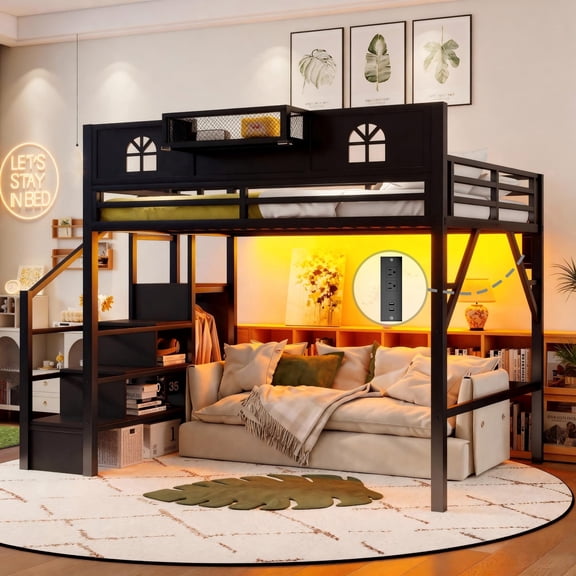 Mirightone Queen Loft Bed with Stairs and Storage Shelf, Metal Queen Size Loft Bed Frame with Tall Guardrails , High Loft Beds with Wardrobe, LED Light & USB for Adults Teens, Black