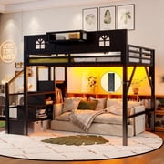 Mirightone Queen Loft Bed with Stairs and Storage Shelf, Metal Queen Size Loft Bed Frame with Tall Guardrails , High Loft Beds with Wardrobe, LED Light & USB fo