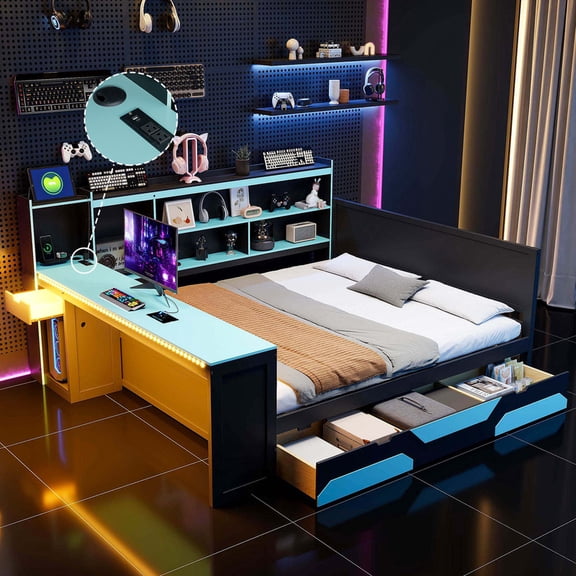 Mirightone Queen Size Gaming Daybed with Desk and Storage Drawers Bookcase, Wooden Gaming Corner Bed with Light and Charging, Daybed for Adults Teens - Black+Red