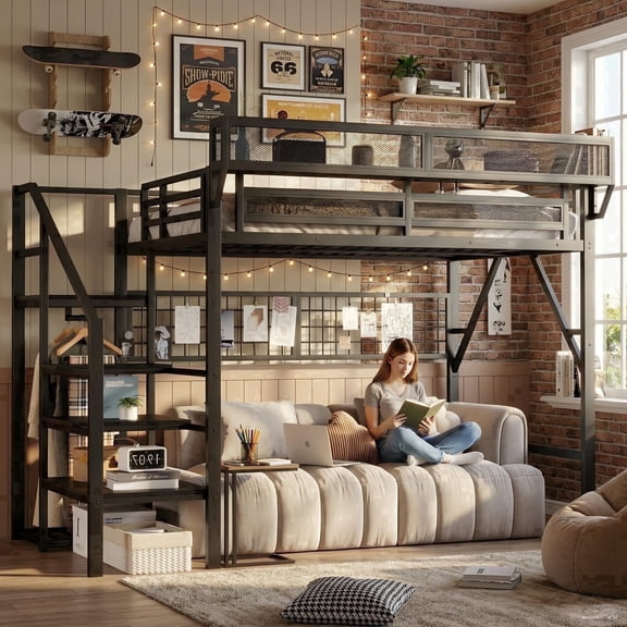 Mirightone Queen Size Loft Bed, 800 lb Capacity Metal Loft Bed with Stairs, LED Light, Wardrobe, Storage Shelves, DIY Grid Panel & Charging Station, Convertible Staircase, Black