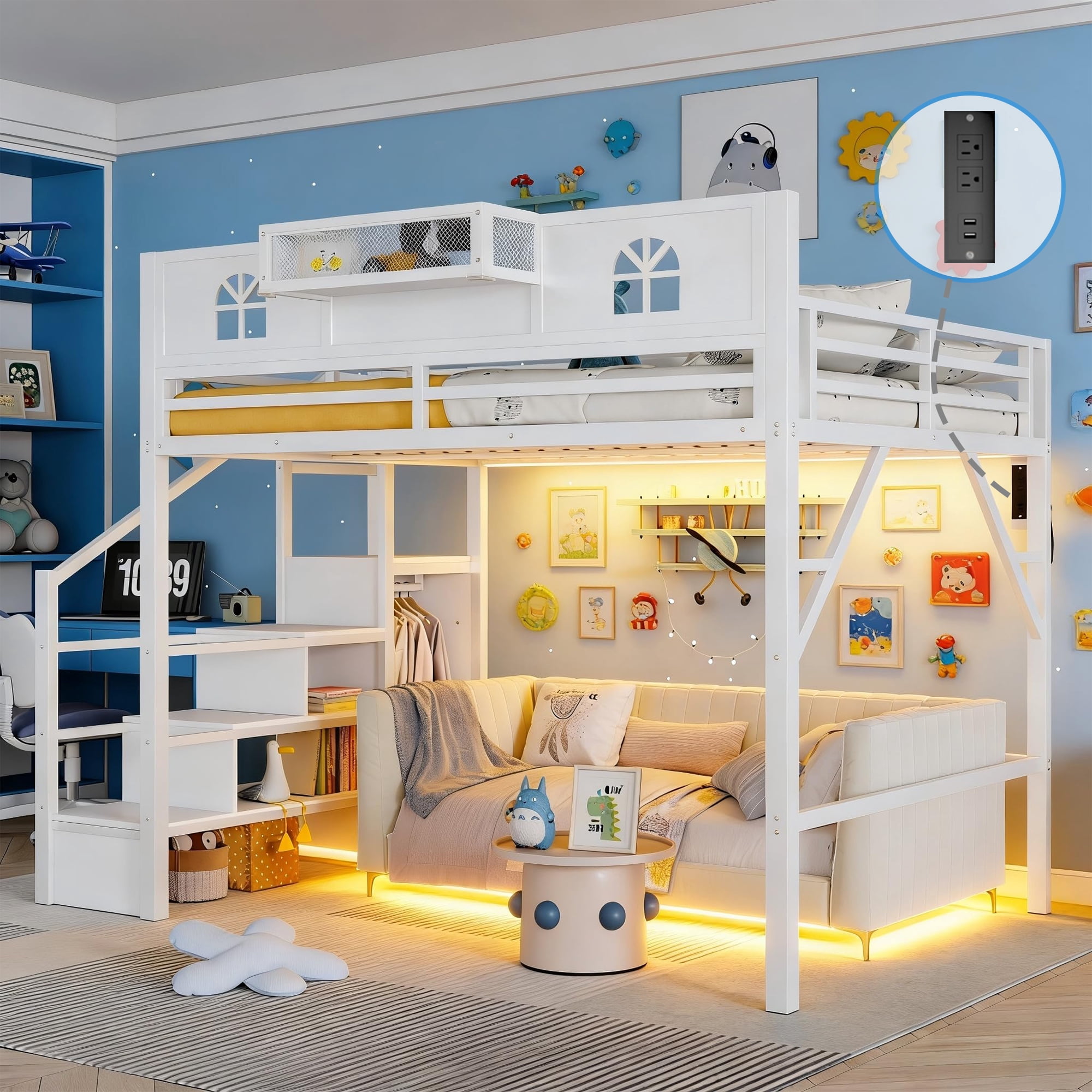 Mirightone Queen Loft Bed with Stairs, Metal Queen Size Loft Bed Frame with Storage Shelf &Tall Guardrails , High Loft Beds with Wardrobe, LED Light & USB for Teens Adults, White