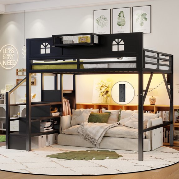 Mirightone Queen Size Metal Loft Bed with Storage Wardrobe & Staircase, High Loft Bed with Light & Charging Station for Teens Adults, Tall Loft Bed Frame with Full-Length Guardrail (Black)