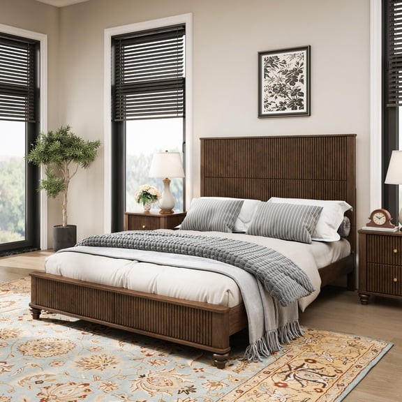 Mirightone Queen Solid Wood Platform Bed Frame with Fluted Tall Headboard, Walnut Bed Frame, Wooden Queen Size Bed Frame, No Box Spring Needed (Walnut)