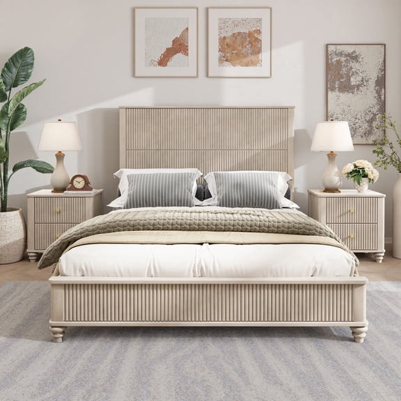 Mirightone Queen Solid Wood Platform Bed Frame with Tall Headboard, Beige Finish, Wooden Slat Support, No Box Spring Needed