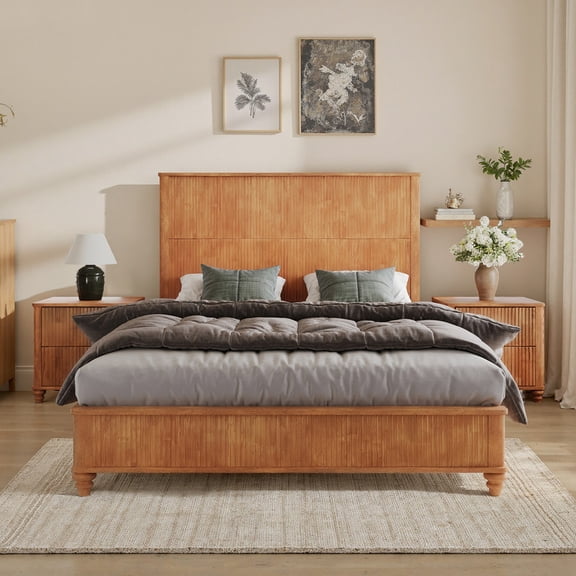 Mirightone Queen Solid Wood Platform Bed Frame with Tall Headboard, Natural Finish, Wooden Slat Support, No Box Spring Needed