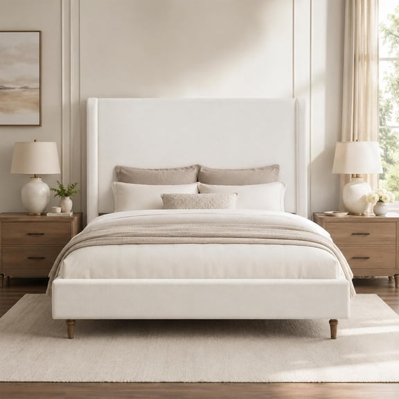 Mirightone Queen Upholstered Bed Frame with Wingback Headboard, Chenille, Ivory