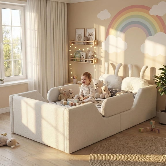 Mirightone Soft Teddy Upholstered Twin Bed Frame with Removable Side Rails, Low Profile Montessori Floor Beds with Rabbit Cushion, White