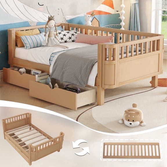 Mirightone Twin Bed Frame with Detachable Rails, Low Profile Platform Bed with 2 Storage Drawers, Solid Wood Bed with Headboard & Footboard Natural