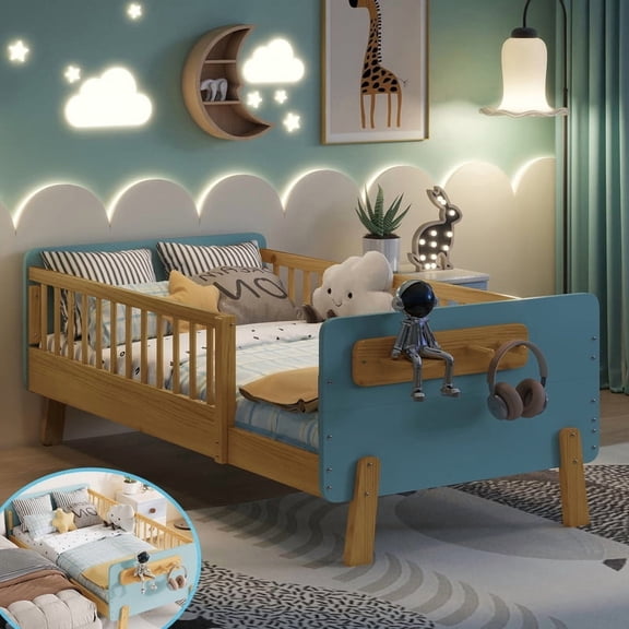 Mirightone Twin Bed Frame with Rails, Wood Montessori Bed Twin with Headboard and Footboard for Girls Boys, Blue