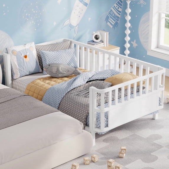 Mirightone Twin Bed Frames with Rails, Metal Montessori Bed with Slats Support, Low Profile with Removable Bed Rails for Bedroom, White
