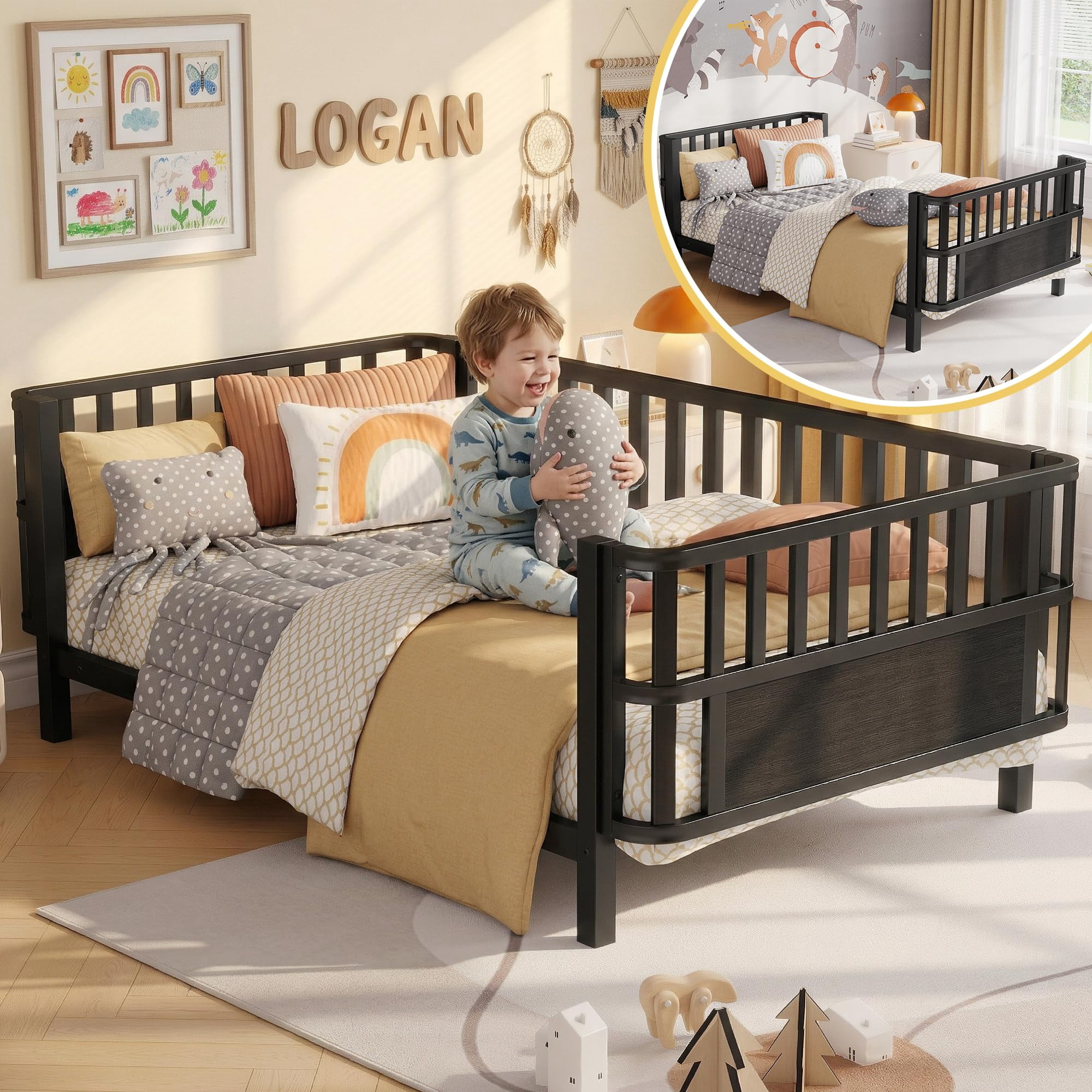 Mirightone Twin Bed Frames with Rails, Metal Montessori Bed with Slats ...