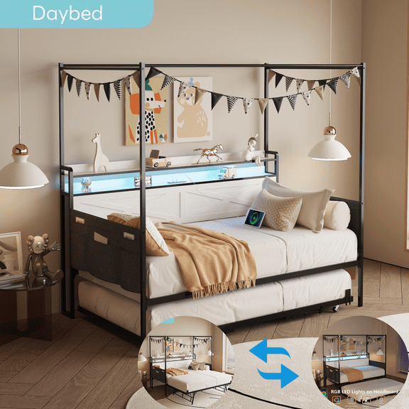 Mirightone Twin Daybed with Trundle, Metal Trundle Bed with Built-in LED Lights, Sofa Bed Frame Reinforced by Heavy Duty Metal Slats, Equipped with Guardrail Style Enclosures, White