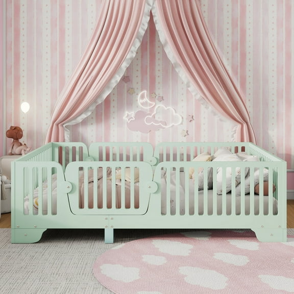 Mirightone Twin Floor Bed with Door & Rail, Low-Profile Montessori Floor Bed Frame, Twin Size Floor Bed with Removable Doors, Wood Bed with Rails, No Box Spring Needed (Green)