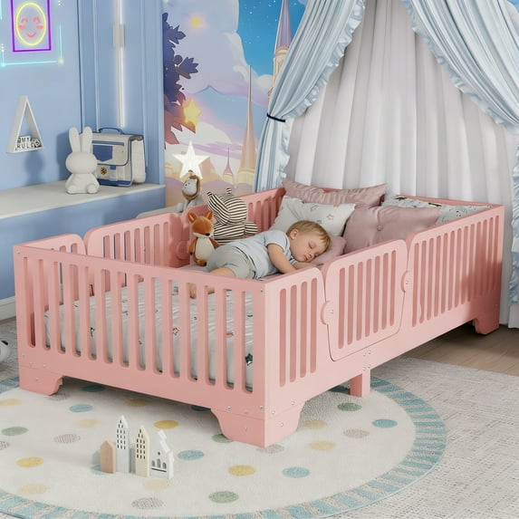 Mirightone Twin Floor Bed with Door & Rail, Low-Profile Montessori Floor Bed Frame, Twin Size Floor Bed with Removable Doors, Wood Bed with Rails, No Box Spring Needed (Pink)