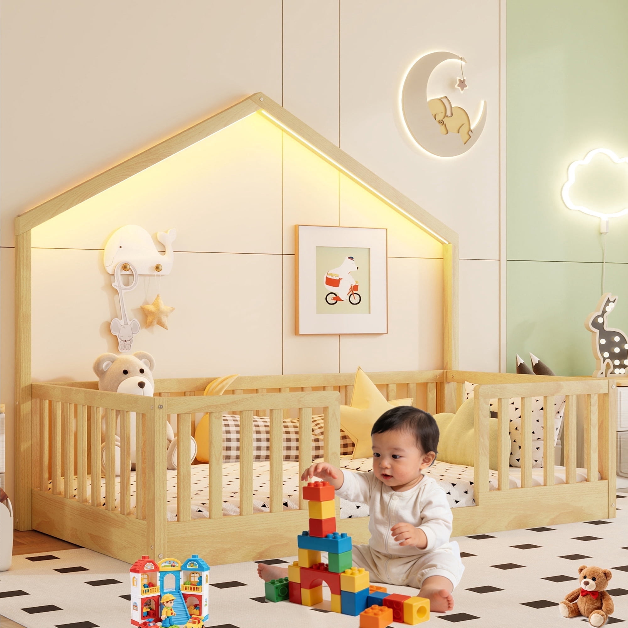 Mirightone Twin Floor Bed Frame with LED Light & High Guardrail, Pine Wood Montessori Bed Twin Size House Floor Bed, Slats Included (Natural)