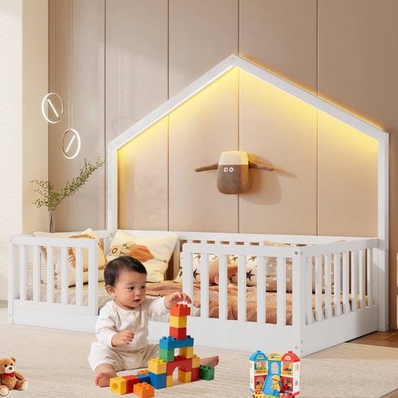 Mirightone Twin Floor Bed Frame with LED Light & High Guardrail, Pine Wood Montessori Bed Twin Size House Floor Bed, Slats Included (White)