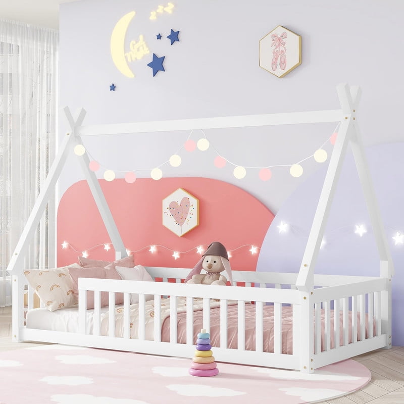 Mirightone Twin Floor Bed Frame with Rails, Montessori Bed Twin with ...