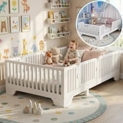 Mirightone Twin Floor Bed Frame with Rails and Slats, Twin Size Montessori Beds with Doors, No Box Spring Needed, White