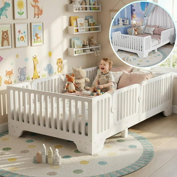 Mirightone Twin Floor Bed Frame with Rails and Slats, Twin Size Montessori Beds with Doors, No Box Spring Needed, White