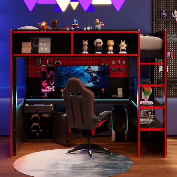 Mirightone Twin Gaming Loft Bed with Desk, LED Lights & Charging Station, Loft Bed with Pegboard, Storage Shelves and Workstation, All in One Loft Gaming Bed with Drawer & Cabinet, Black/Red