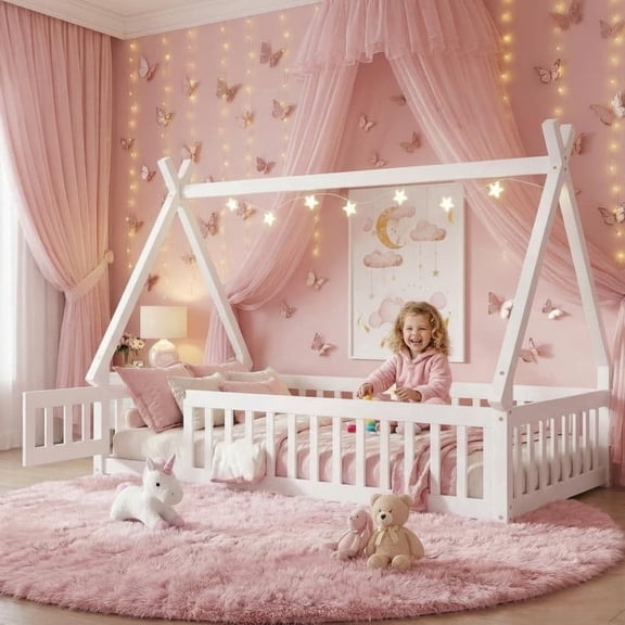 Mirightone Twin House Bed Frame with Rails and Door,Wood Montessori Bed with Slats Support,Teepee Tent Floor Beds Frame - White
