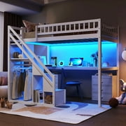 Mirightone Twin Loft Bed with Desk and Storage, Loft Bed with Stairs, Wardrobe, Light Strip, Twin Bed Frame for Adults Teens, White