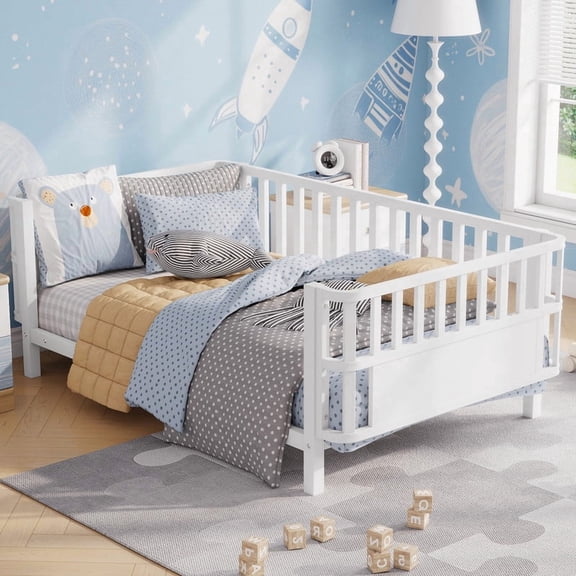 Mirightone Twin Montessori Floor Bed, Metal Platform Bed Frame with Safety Guardrails, Low to Ground Bed for Bedroom Nursery, No Box Spring Needed, White
