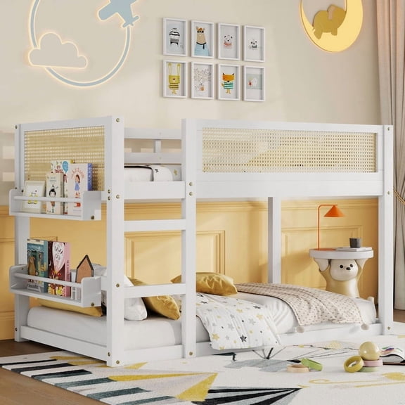 Mirightone Twin Over Twin Floor Bunk Bed with Storage Shelves and Ladder, Low Bunk Bed with Rattan Guardrails, Space-Saving Bunk Bed Frame, White