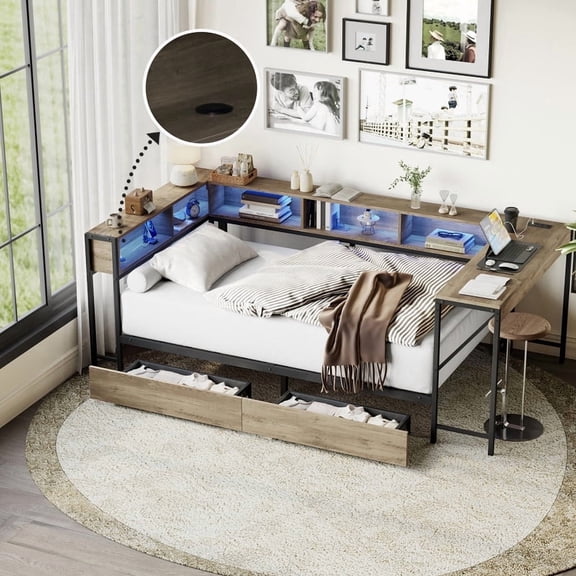 Mirightone Twin Size Daybed with Storage Drawers and Bookcase, Twin Daybed with Desk and Light, Reversible Corner Bed for Teens Adults, Gray