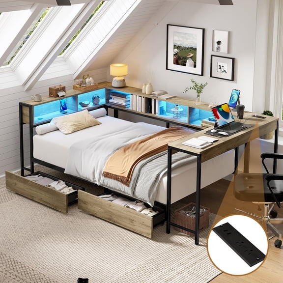 Mirightone Twin Size Daybed with Storage Drawers and Bookcase, Twin Daybed with Desk and Light, Reversible Corner Bed for Teens Adults, Gray