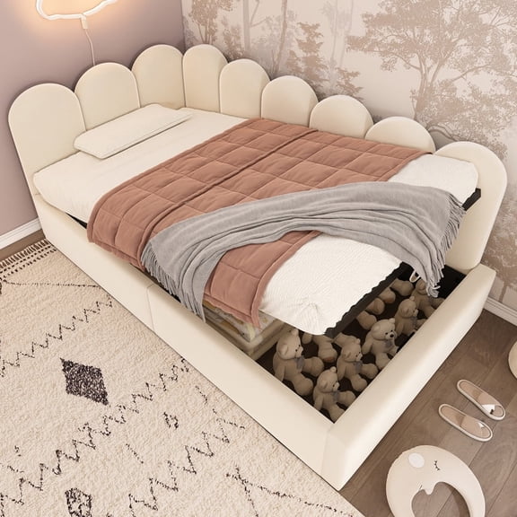 Mirightone Twin Size Daybed with Storage, Twin Corner Bed with Hydraulic Storage, Velvet Upholstered Sofa Bed for Guest Room, Beige
